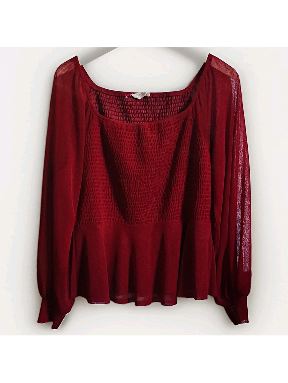 Ember Cranberry Red Peplum Square Neck Puff Long Sleeve L Y2K Fashion